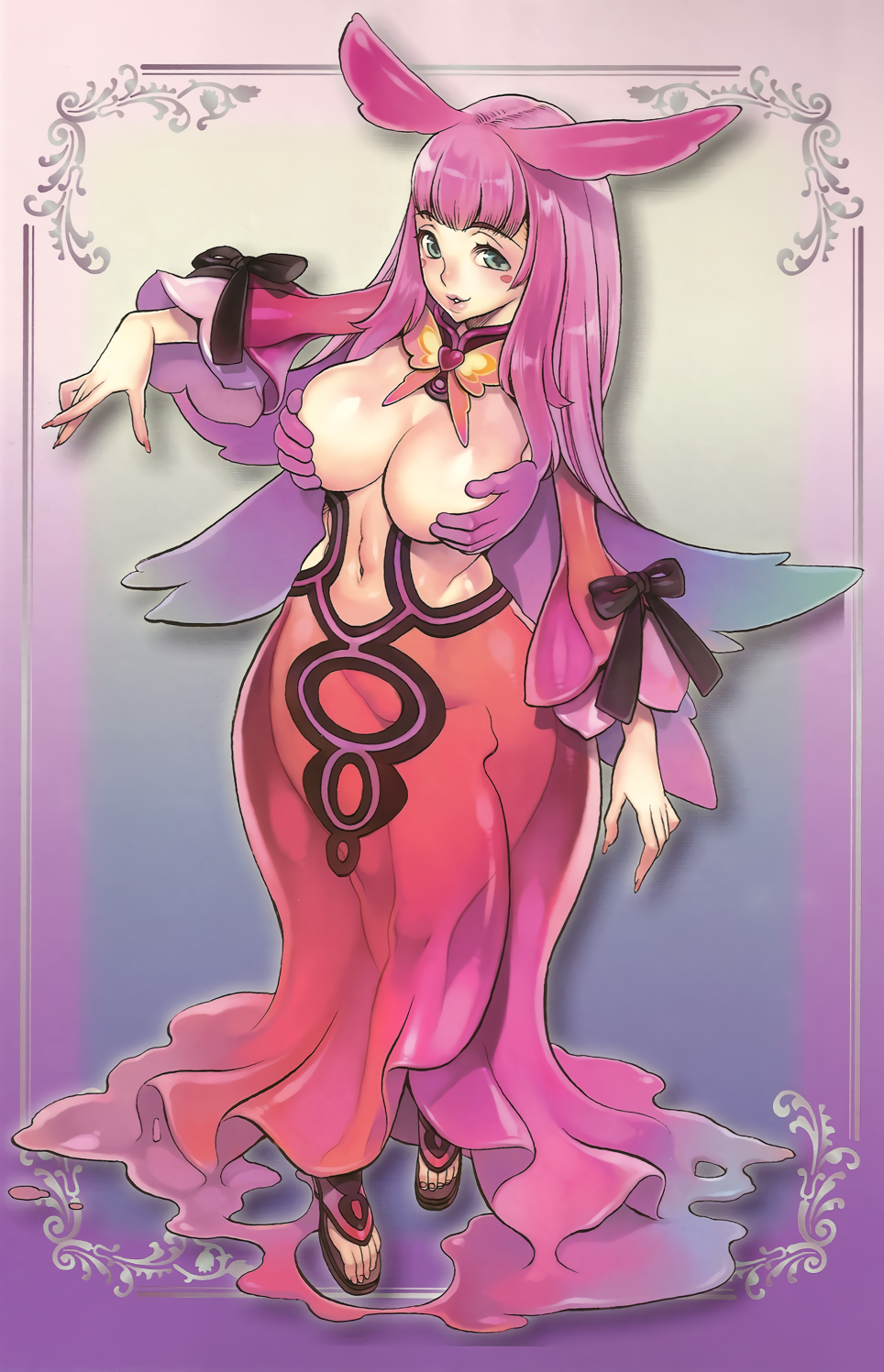 1girl bangs blue_eyes blush_stickers breasts center_opening curvy f.s. framed full_body hair_flaps highres huge_breasts long_hair looking_at_viewer melona monster_girl navel no_panties non-web_source official_art outstretched_arm parted_lips pink_hair queen's_blade see-through slime_girl solo standing toeless_footwear