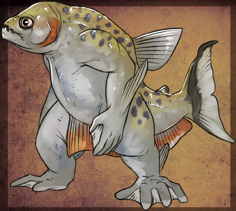 anthro dorsal_frill fish frill_(anatomy) green_body green_tail grey_body grey_tail imperatorcaesar male marine markings membrane_(anatomy) open_mouth simple_background solo spots spotted_body spotted_markings spotted_tail standing tail_markings webbed_feet webbed_hands wide_eyed