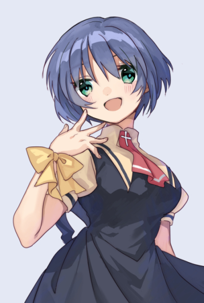 1girl air black_dress blue_hair commentary_request commission dress green_eyes grey_background kirishima_kano mitsuyo_(mituyo324) necktie red_necktie ribbon school_uniform shirt short_hair simple_background smile solo yellow_ribbon yellow_shirt