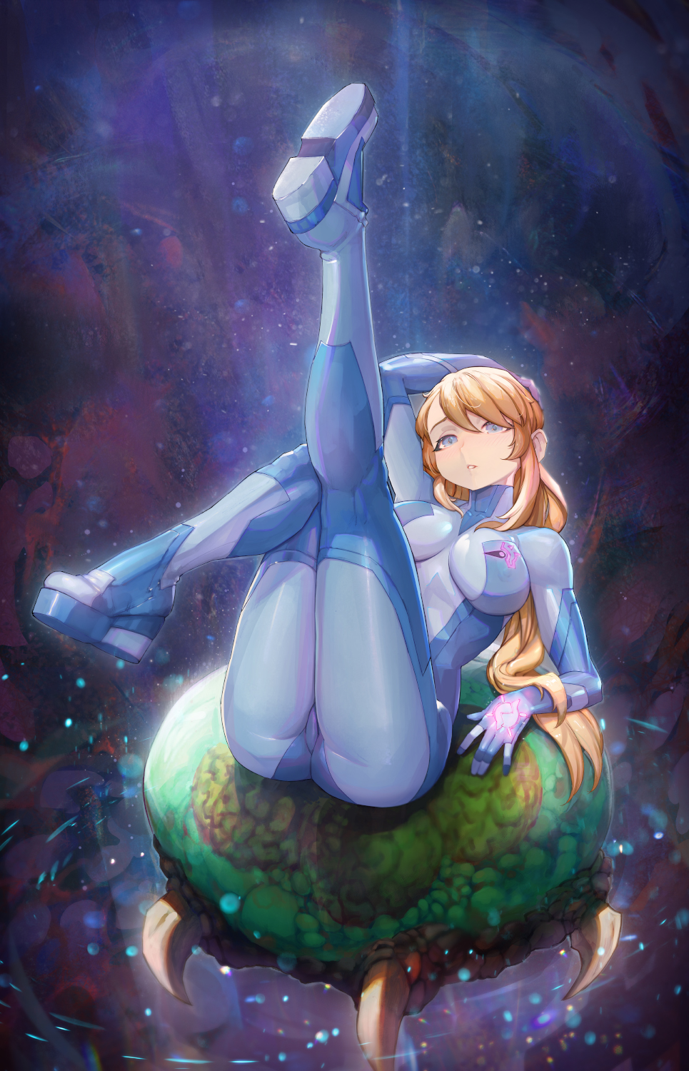 1girl alien bangs blonde_hair blue_bodysuit blue_eyes bodysuit breasts full_body highres knees_together_feet_apart leg_up long_hair looking_at_viewer medium_breasts metroid metroid_(creature) parted_lips ponytail samus_aran sidelocks skin_tight solo swept_bangs yugen99 zero_suit