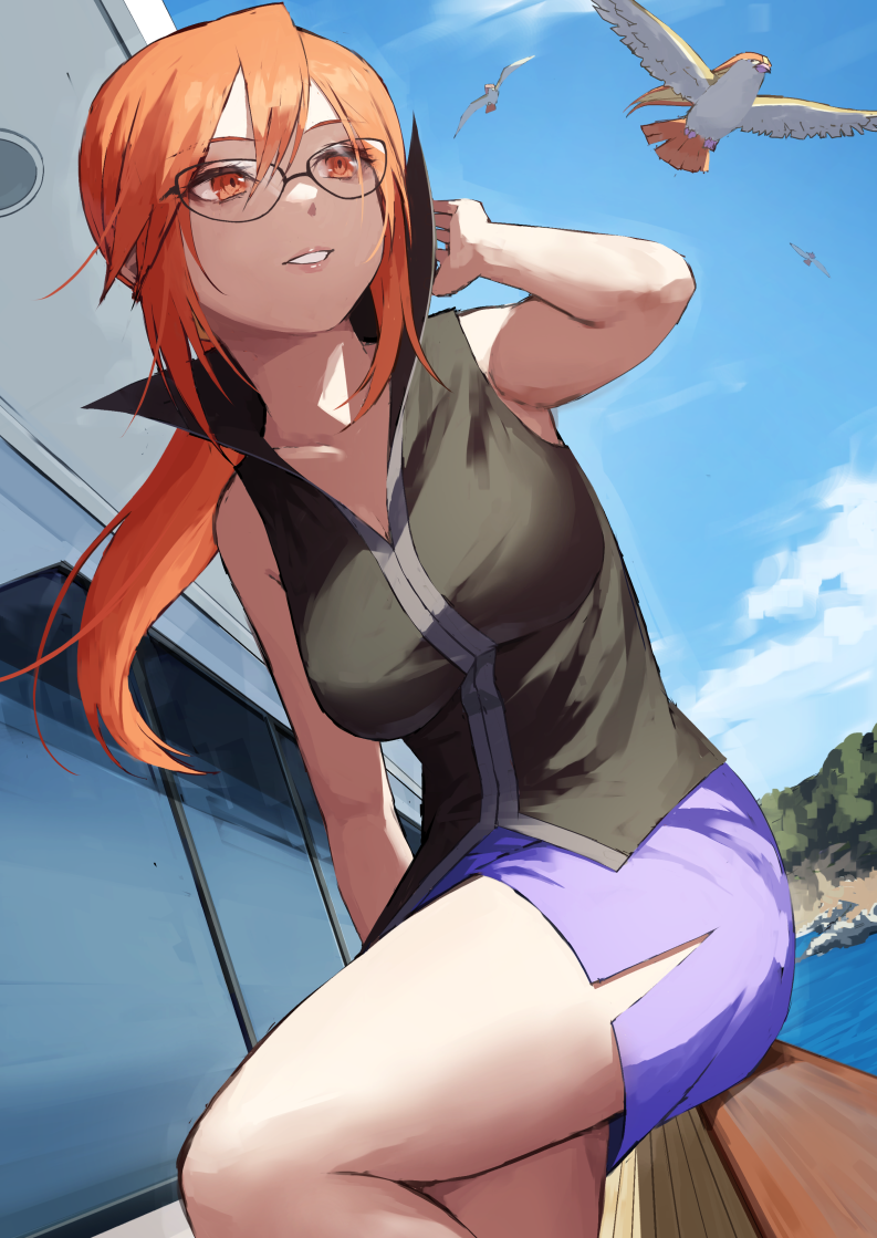 1girl bangs bare_arms black-framed_eyewear black_shirt breasts cleavage cloud commentary_request day eyelashes fagi_(kakikaki) glasses long_hair lorelei_(pokemon) orange_eyes orange_hair outdoors pencil_skirt pidgeot pokemon pokemon_(creature) pokemon_(game) pokemon_frlg ponytail shirt sidelocks sitting skirt sky sleeveless sleeveless_shirt smile