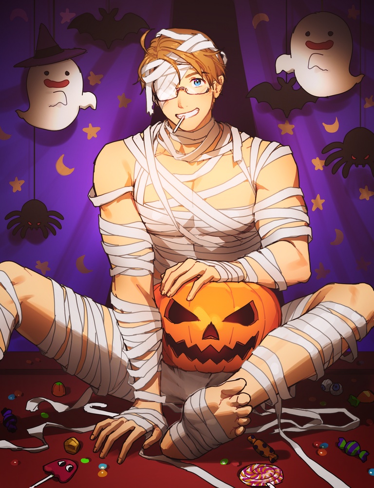 1boy america_(hetalia) axis_powers_hetalia bandage_over_one_eye bat_ornament blonde_hair blue_eyes butterfly_sitting candy food ghost ghost_ornament glasses grin happy_halloween jack-o'-lantern littleb623 lollipop male_focus male_underwear mummy_costume pectoral_cleavage pectorals print_curtains purple_curtains smile spider_ornament swirl_lollipop underwear