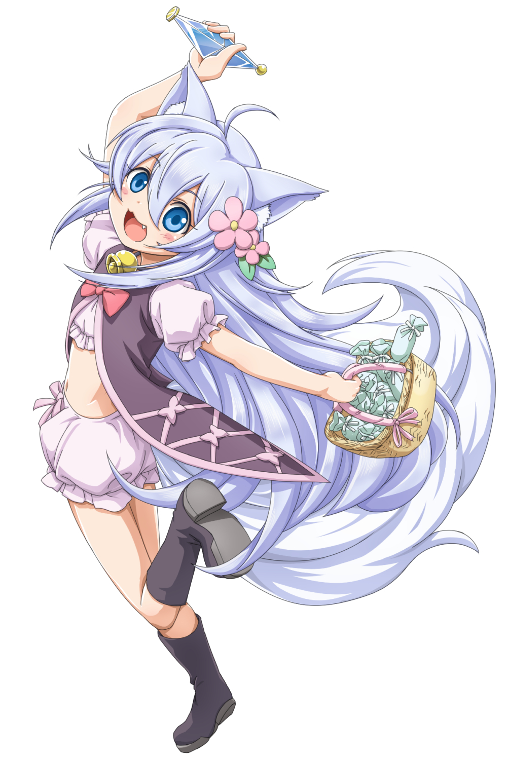 1girl :3 ahoge animal_ear_fluff animal_ears arm_up basket black_footwear black_shirt bloomers blue_eyes blush boots bow_bloomers cheat_kusushi_no_slow_life fang flower from_behind grey_hair hair_flower hair_ornament highres leg_up long_hair looking_back navel noela_(cheat_kusushi_no_slow_life) open_mouth shirosame shirt smile solo standing standing_on_one_leg tail underwear white_bloomers white_shirt wolf_ears wolf_girl wolf_tail