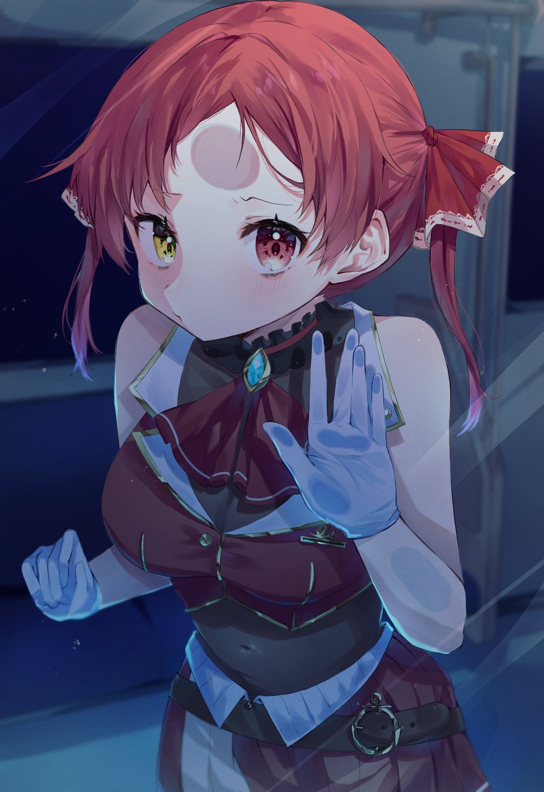 1girl against_glass ascot bangs bare_arms bare_shoulders bodystocking breasts cropped_jacket gaaa_u gloves hair_ribbon hand_on_glass hand_up heterochromia highres hololive houshou_marine jacket large_breasts parted_bangs red_ascot red_eyes red_hair red_jacket red_ribbon red_skirt ribbon skirt sleeveless sleeveless_jacket solo twintails virtual_youtuber white_gloves yellow_eyes