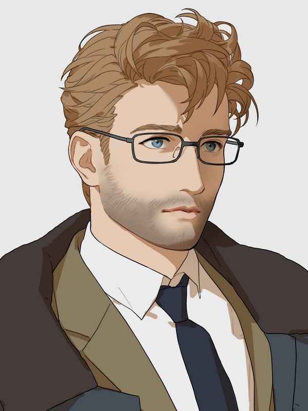 1boy ahoge alternate_facial_hair alternate_hairstyle america_(hetalia) axis_powers_hetalia blonde_hair blue_eyes brown_suit commentary_request expressionless facial_hair formal glasses grey_background littleb623 male_focus older solo stubble suit