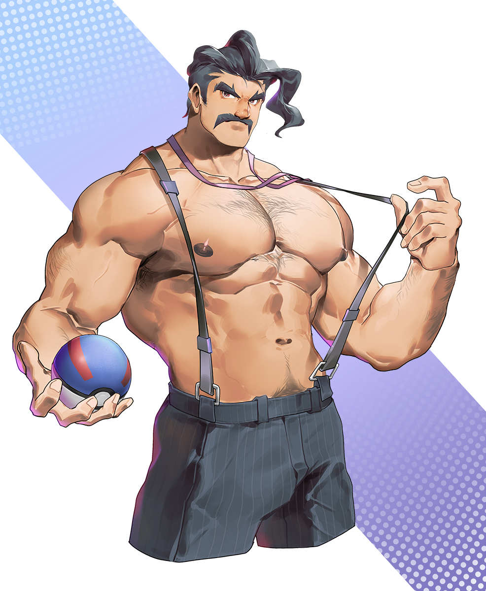1boy abs arm_hair armpit_hair armpits bara black_hair brown_eyes character_request chest_hair dotted_background facial_hair feet_out_of_frame hairy highres large_pectorals long_sideburns looking_at_viewer male_focus manly mature_male muscular muscular_male mustache navel navel_hair nipples no_shirt pants pectorals poke_ball pokemon pokemon_(game) pokemon_sv short_hair sideburns simple_background solo tengo_(maotengo) thick_arms thick_eyebrows