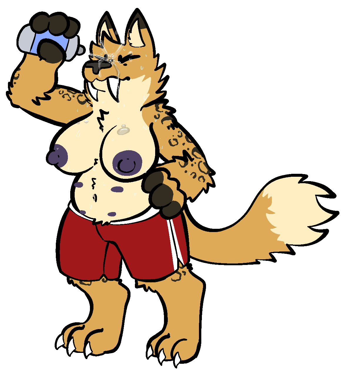 anthro big_breasts bodily_fluids bottomwear breasts clothed clothing fangs felid female fur hi_res machairodontine mammal multi_nipple nipples sabertooth_(anatomy) shorts solo sweat topless trout_(artist) water water_bottle