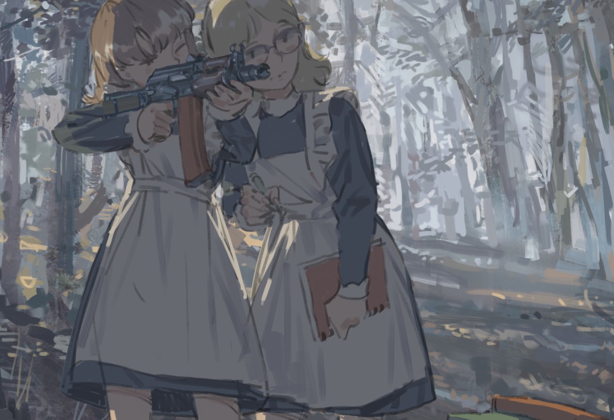 2girls aiming black_eyes blonde_hair blush book brown_eyes brown_hair closed_mouth fingernails forest frills glasses gun hjl holding holding_book holding_gun holding_notebook holding_pen holding_weapon long_hair maid multiple_girls nature notebook one_eye_closed original outdoors painterly pen sketch weapon