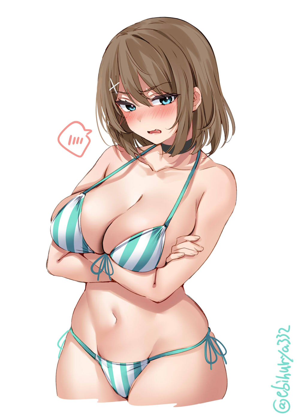 1girl alternate_costume aqua_bikini bikini blue_eyes blush breasts brown_hair cleavage collarbone cowboy_shot cropped_legs crossed_arms ebifurya fang fang_out front-tie_bikini front-tie_top hair_ornament hairclip highres kantai_collection large_breasts looking_at_viewer maya_(kancolle) medium_hair navel one-hour_drawing_challenge side-tie_bikini solo stomach striped striped_bikini swimsuit twitter_username white_background white_bikini x_hair_ornament