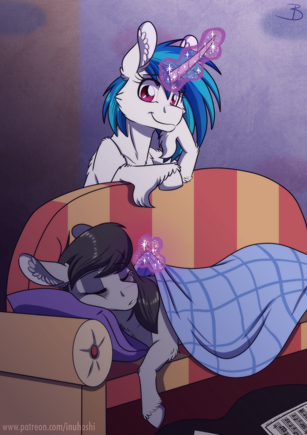 bedding black_hair blanket blue_hair dark_circles duo ear_piercing equid equine female friendship_is_magic furniture hair hasbro hi_res hooves horn inuhoshi-to-darkpen levitation magic mammal my_little_pony octavia_(mlp) piercing purple_eyes sleeping sofa unicorn vinyl_scratch_(mlp)