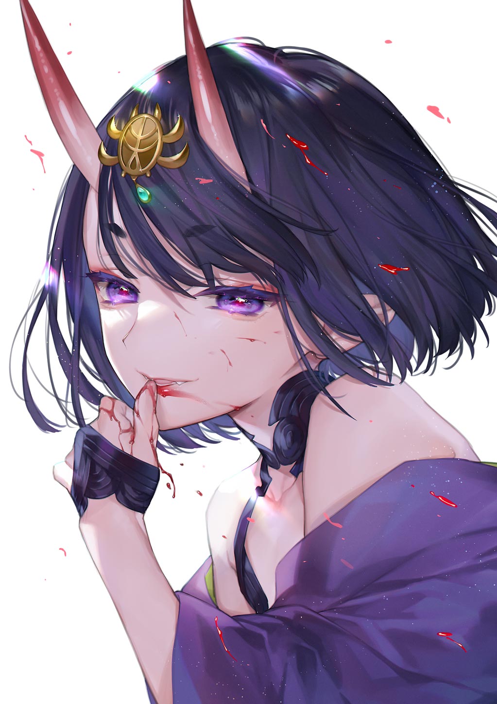 1girl bangs bare_shoulders blood blood_on_face bob_cut breasts bridal_gauntlets collarbone eyeliner fate/grand_order fate_(series) headpiece highres horns japanese_clothes kaguyuzu kimono long_sleeves looking_at_viewer makeup oni oni_horns parted_lips purple_eyes purple_hair purple_kimono revealing_clothes short_hair shuten_douji_(fate) skin-covered_horns small_breasts smile solo wide_sleeves