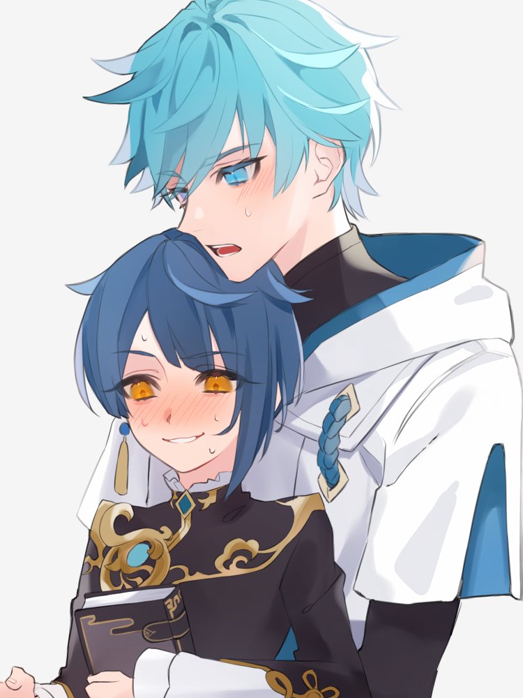 2boys aqua_eyes aqua_hair bangs black_bodysuit blue_hair blush bodysuit book chongyun_(genshin_impact) commentary_request earrings genshin_impact holding holding_book hood hood_down jewelry long_sleeves male_focus multiple_boys nose_blush older orange_eyes parted_lips simple_background single_earring size_difference sweat tassel tassel_earrings upper_body wamosukeda xingqiu_(genshin_impact) yaoi