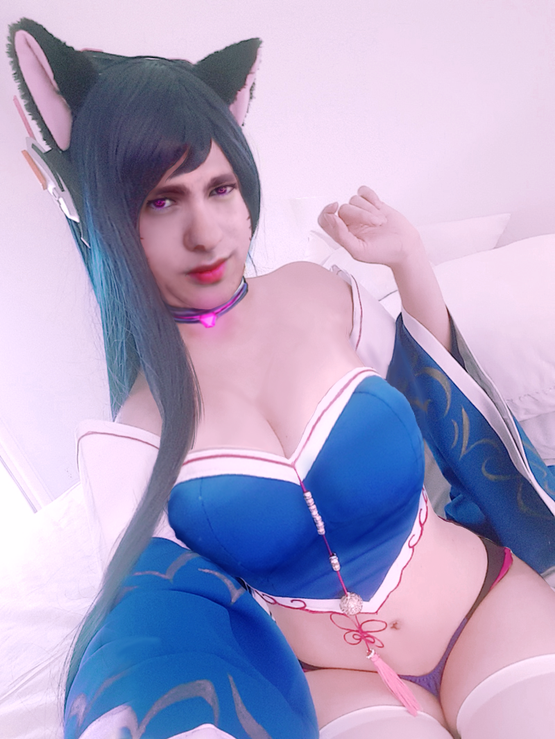 after_transformation ahri_(lol) big_breasts black_hair blue_clothing breasts clothing cosplay d-va d.vafied dvafied edit female fox_ears fox_spirit gynomorph hair human humor intersex jewelry khaysen league_of_legends magic_user mammal necklace photo photo_manipulation purple_eyes rinnie riot_games sakimichan solo trans_(lore) trans_woman_(lore) video_games