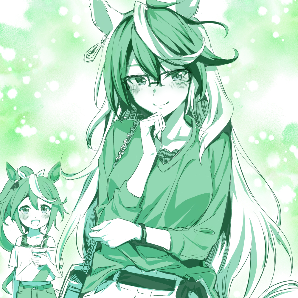 2girls animal_ears belt breasts casual closed_mouth commentary_request glasses green_theme horse_ears horse_girl long_hair looking_at_another looking_at_viewer medium_breasts midriff monochrome multicolored_hair multiple_girls nakahira_guy ponytail pun saliva simple_background smile streaked_hair symboli_rudolf_(umamusume) tokai_teio_(umamusume) umamusume