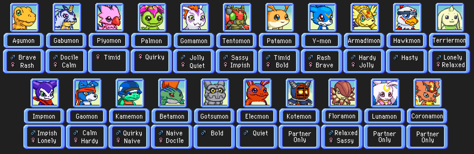 accessory agumon animal_skin anthro armadillomon bandai_namco bandanna betamon biyomon blue_body blue_eyes blue_fur coronamon digimon digimon_(species) digital_media_(artwork) elecmon elemental_creature female feral flora_fauna floramon fur gabumon gaomon glowing glowing_eyes gomamon gotsumon green_eyes group hawkmon headband impmon kamemon kerchief kotemon lunamon male nerointruder nintendo palmon patamon pink_feather pixel pixel_(artwork) plant pok&eacute;mon pok&eacute;mon_mystery_dungeon purple_body red_body red_fur rock striped_body striped_fur stripes tentomon terriermon veemon video_games yellow_body