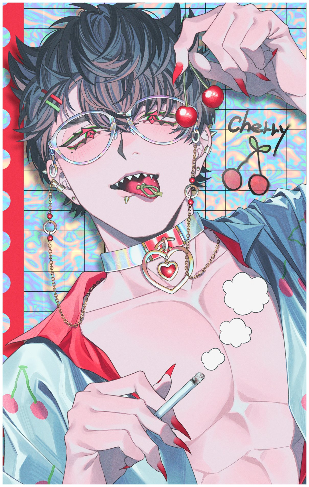 1boy arm_up black_hair cherry cherry_print choker cigarette collared_shirt ear_piercing earrings eyewear_strap fingernails food food_print fruit grey-framed_eyewear hair_horns hair_ornament hairpin hand_up heart heart_choker highres holding holding_cigarette holding_food holding_fruit iridescent jewelry kamonekm lip_piercing looking_at_viewer male_focus open_clothes open_mouth open_shirt original piercing red_eyes red_nails sharp_fingernails sharp_teeth shirt short_hair slit_pupils solo teeth toned toned_male tongue two-sided_fabric upper_body white_shirt