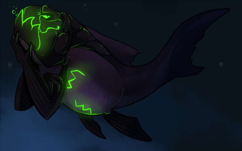 ambiguous_gender black_body bubble dunkleosteus fish forked_tail glowing glowing_eyes imperatorcaesar marine mouth_closed purple_body solo underwater unusual_anatomy unusual_tail water