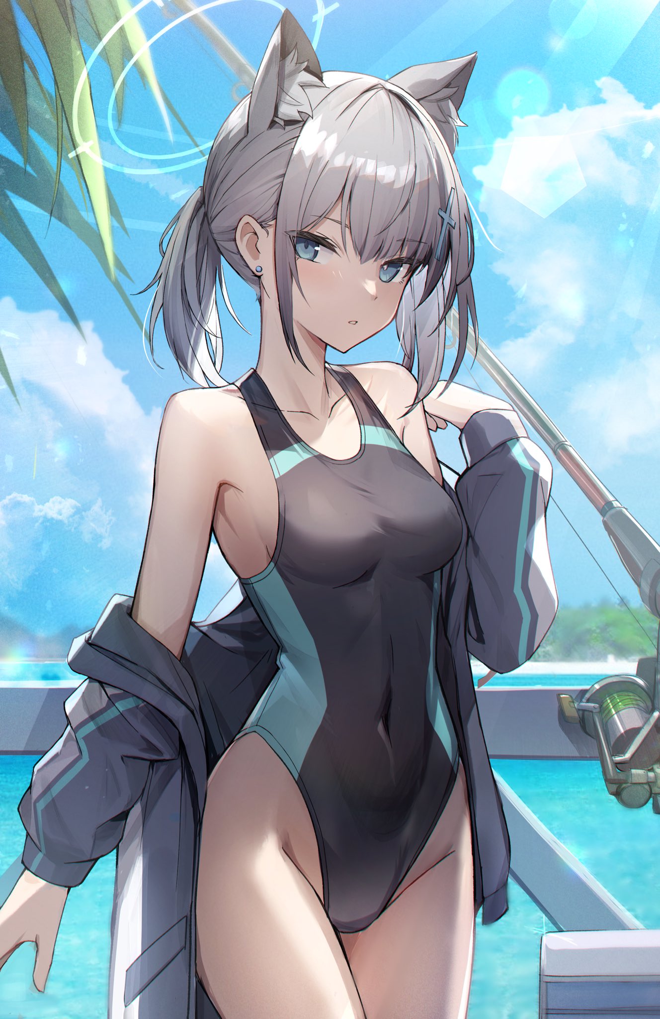 1girl animal_ears bangs beach blue_archive blue_eyes blue_sky blue_swimsuit cat_ears cloud collarbone competition_swimsuit cowboy_shot cross_hair_ornament extra_ears fishing_rod hair_ornament hairclip halo highleg highleg_swimsuit highres jacket japanese_clothes kagerou_(gigayasoma) looking_at_viewer mismatched_pupils one-piece_swimsuit palm_tree piercing ponytail school_swimsuit shiroko_(blue_archive) shiroko_(swimsuit)_(blue_archive) short_hair sky solo standing sunlight swimsuit tree white_hair