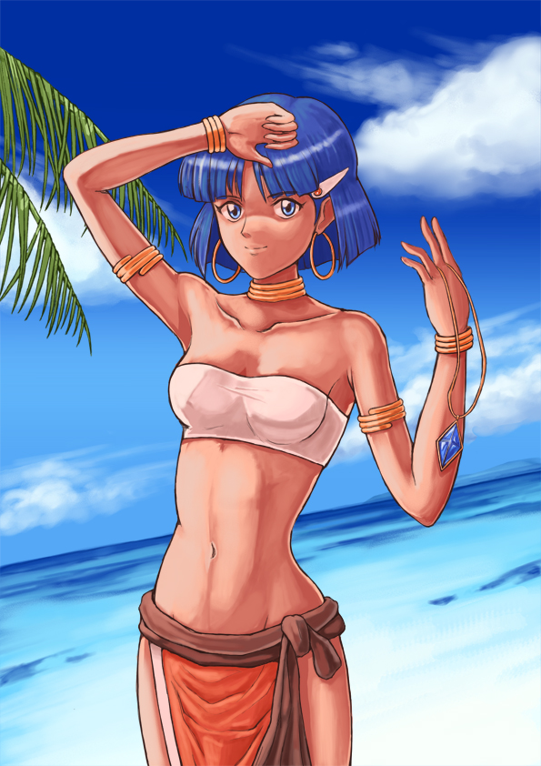 1girl bandeau bangs blue_eyes bob_cut breasts commentary_request dark-skinned_female dark_skin earrings fushigi_no_umi_no_nadia hair_ornament hairclip jewelry nadia_la_arwall neck_ring popo_agaga purple_hair short_hair solo strapless tube_top