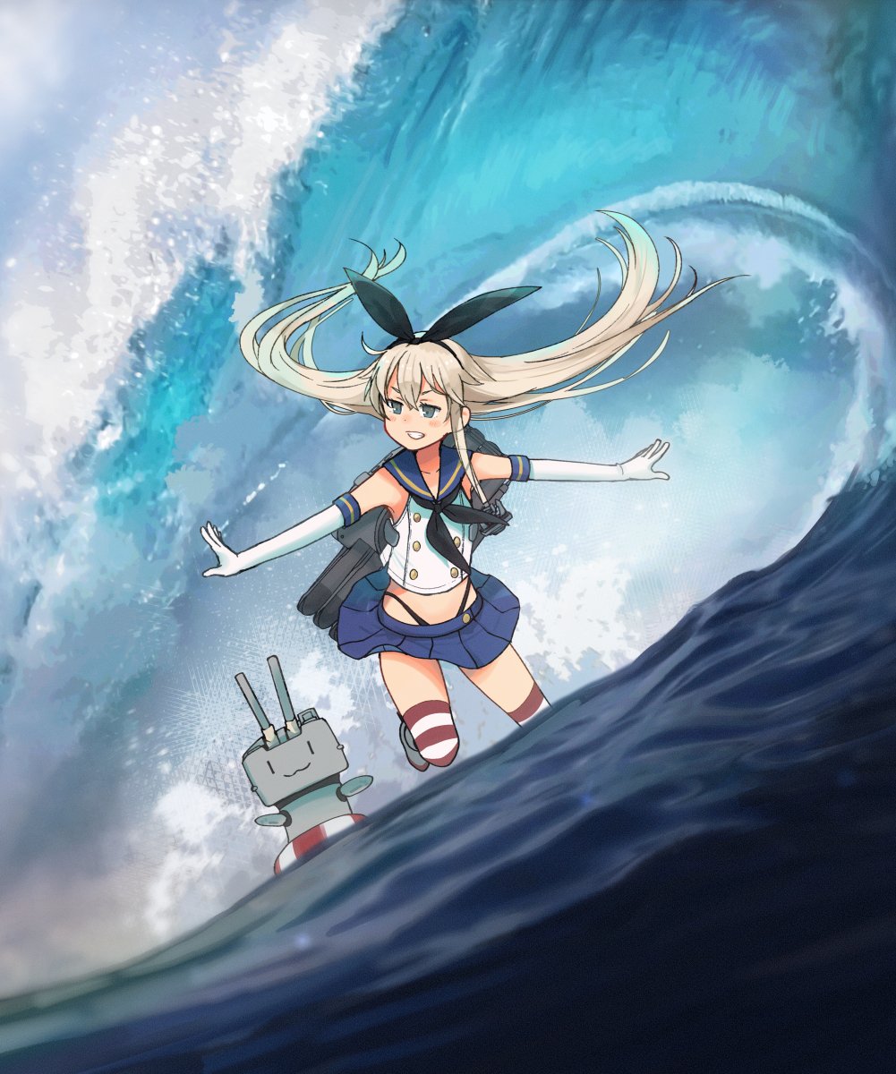 1girl anchor_hair_ornament annin_musou black_hairband black_neckerchief black_panties blonde_hair blue_sailor_collar blue_skirt cosplay crop_top elbow_gloves gloves grey_eyes grin hair_ornament hairband highleg highleg_panties highres kantai_collection long_hair machinery microskirt miniskirt neckerchief outstretched_arms panties pleated_skirt rensouhou-chan sailor_collar shimakaze_(kancolle) shimakaze_(kancolle)_(cosplay) skirt smile striped striped_thighhighs surfing thighhighs underwear waves white_gloves