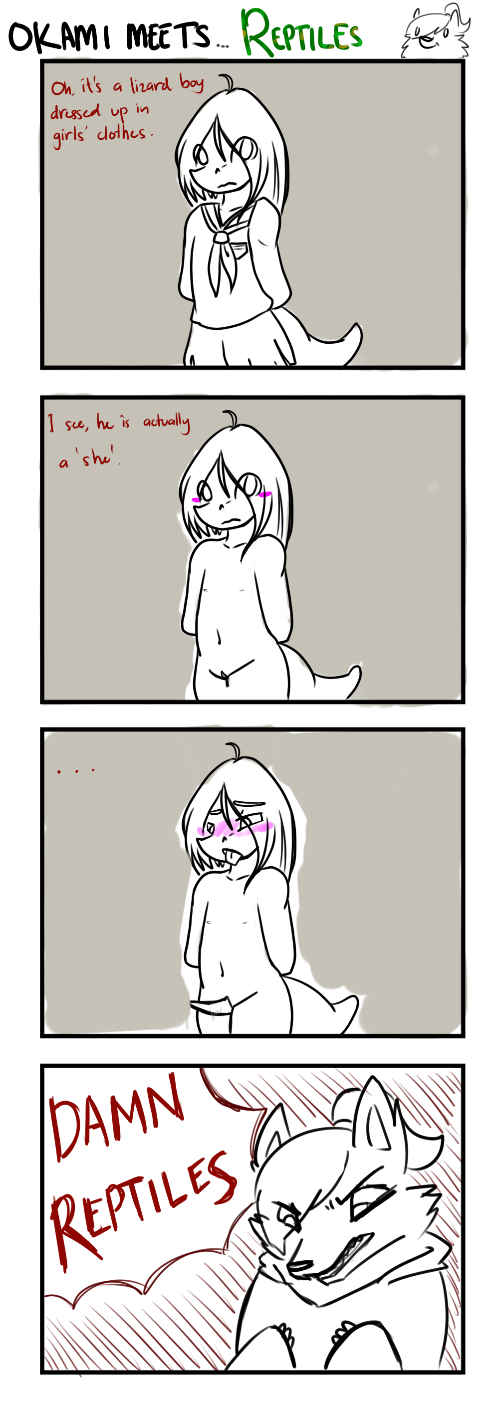 2015 absurd_res angry animal_genitalia animal_penis anthro blush bottomwear canid canine canis canisfidelis clothed clothing comic crossdressing dialogue english_text erection eye_through_hair female genital_slit genitals hair hands_behind_back hi_res humor lizard looking_at_viewer looking_down male mammal navel nude okami_wolf open_mouth penis reptile reptile_penis scalie school_uniform shirt simple_background skirt slit solo text tongue tongue_out topwear translucent translucent_hair uniform wolf