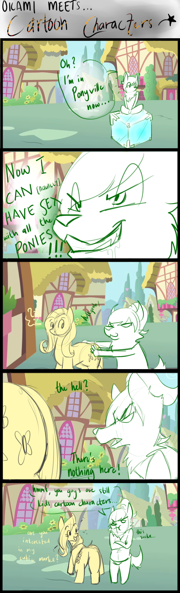 2015 anthro butt butt_grab canid canine canis canisfidelis comic crossed_arms cube_(object) cutie_mark dialogue duo english_text equid equine evil_grin featureless_crotch female feral fluttershy_(mlp) friendship_is_magic hair hand_on_butt hi_res horse humor looking_at_another looking_back male mammal my_little_pony oblivious okami_wolf open_mouth outside pony sitting smile solo speech_bubble surprise teeth text wolf