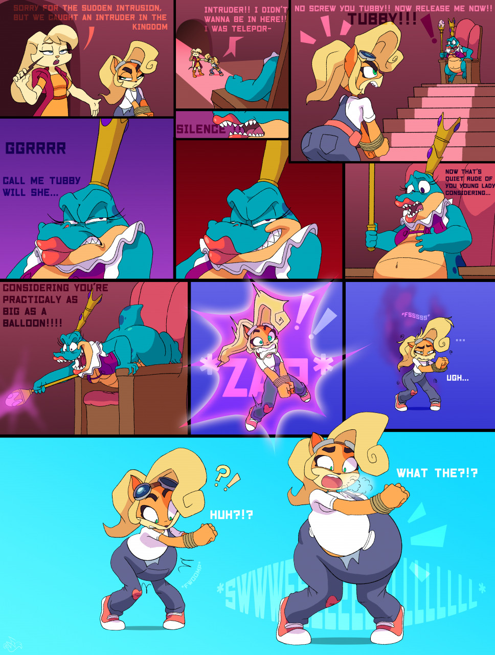 activision anthro belly belly_expansion bianca_(spyro) bottomless breasts clothed clothing coco_bandicoot comic crash_bandicoot_(series) crossover drakeinflates english_text expansion female female/female group hi_res lipstick makeup navel sharp_teeth sorceress_(spyro) spyro_the_dragon teeth text trio video_games