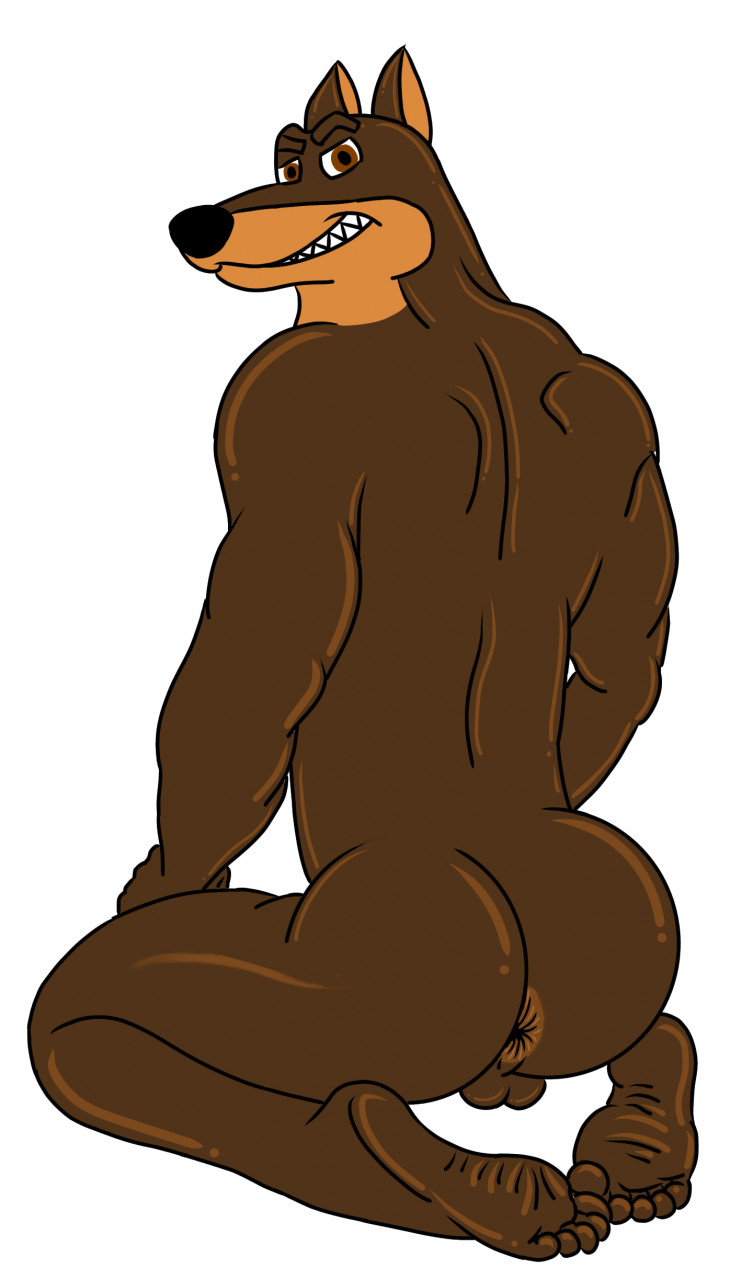 anthro anus balls barefoot blitz_(road_rovers) brown_body brown_fur butt canid canine canis dobermann domestic_dog feet fur genitals hi_res looking_at_viewer looking_back male mammal multicolored_body multicolored_fur muscular muscular_anthro muscular_male nightfox90 nude pinscher road_rovers sharp_teeth smile smirk solo teeth toes two_tone_body two_tone_fur wrinkled_feet