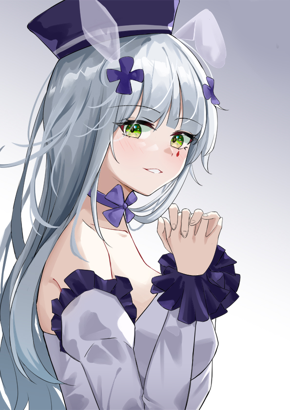 1girl bangs bare_shoulders blue_hair blush breasts chinese_commentary collarbone dress from_side girls'_frontline green_eyes hair_ornament hairclip hand_on_hand hk416_(girls'_frontline) hk416_(herbal-flavored_hard_candy)_(girls'_frontline) long_hair looking_at_viewer official_alternate_costume one_smoke open_mouth purple_headwear smile solo upper_body white_background white_dress