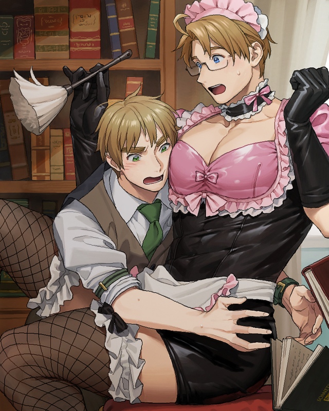 2boys alternate_costume america_(hetalia) apron axis_powers_hetalia black_gloves blonde_hair blue_eyes book bookshelf choker crossdressing dress dropping elbow_gloves enmaided face_to_pecs feather_duster fishnet_thighhighs fishnets frilled_choker frilled_thighhighs frills gloves green_eyes indoors large_pectorals latex latex_dress latex_gloves littleb623 maid maid_headdress male_focus multiple_boys pectoral_cleavage pectorals puffy_short_sleeves puffy_sleeves short_sleeves sitting sitting_on_person sweatdrop thick_eyebrows thighhighs united_kingdom_(hetalia) waist_apron yaoi