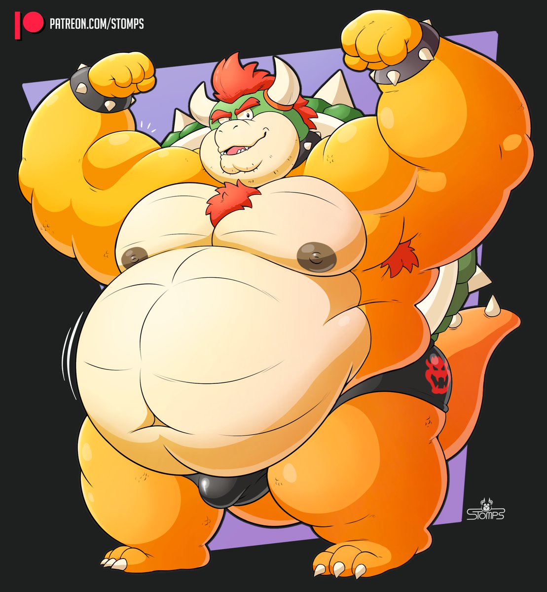 2022 anthro armpit_hair belly biceps big_belly big_muscles black_border body_hair border bowser bowser_day bracelet bulge chest_hair claws clothing collar emanata eyebrows flexing hair hi_res horn jewelry koopa love_handles male mario_bros musclegut muscular muscular_anthro muscular_male navel nintendo nipples non-mammal_nipples obese obese_anthro obese_male overweight overweight_anthro overweight_male patreon pecs plantigrade purple_background scalie shell signature simple_background smile solo spiked_bracelet spiked_collar spiked_shell spiked_tail spikes spikes_(anatomy) standing stompsthecroc teeth thick_thighs tongue underwear video_games