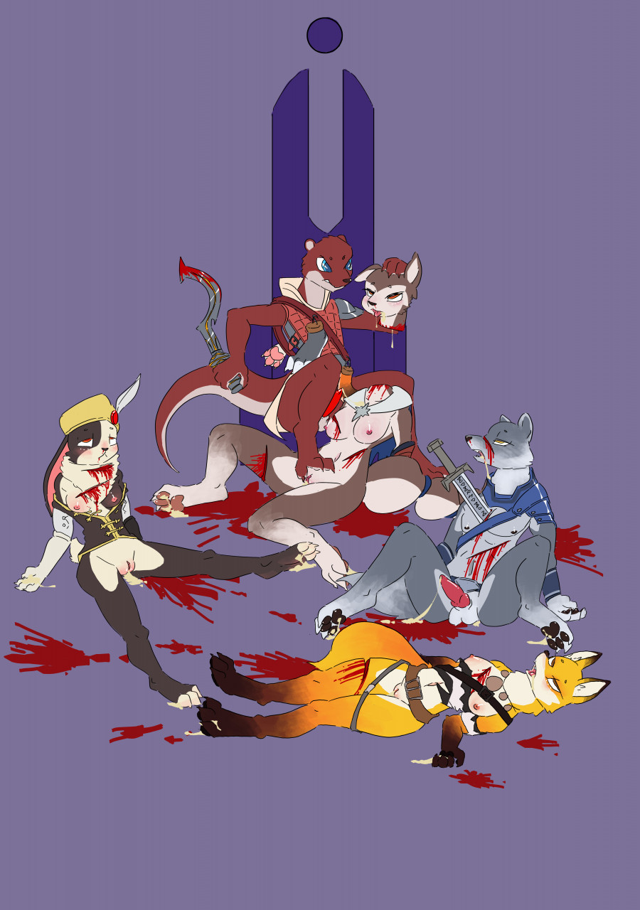 3_toes andrew_(zeetyphlosion) animal_genitalia animal_penis anthro armello armor blood bodily_fluids bottomless canid canine canine_penis canis claws clothed clothing corpse crowskull cum cum_in_mouth cum_inside cum_on_ground death decapitation elyssia_(armello) feet female fox genital_fluids genitals gore group hi_res knife lagomorph leporid lutrine mammal melee_weapon mustelid necrophilia nipples pawpads penis pussy rabbit river_(armello) scarlet_(armello) severed_head simple_background snuff solo sword thane_(armello) throat_slitting toe_claws toes video_games weapon wolf
