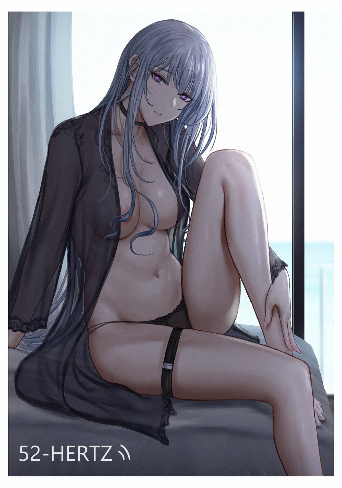 1girl ak-12_(girls'_frontline) areola_slip arm_support bare_legs barefoot bed black_choker black_panties black_shirt breasts choker convenient_censoring covered_nipples curtains english_text foot_out_of_frame girls'_frontline hair_over_breasts hand_on_own_leg head_tilt highres indoors knee_up large_breasts long_hair long_sleeves looking_at_viewer navel no_bra on_bed open_clothes open_shirt panties parted_lips purple_eyes see-through see-through_shirt selcky shirt sidelocks sitting skindentation solo stomach string_panties thigh_strap underwear white_hair
