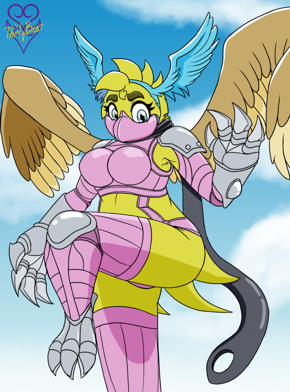 2022 4_fingers alternate_form anthro anthrofied avian bandai_namco beak belly big_breasts bird bottomwear breasts chica_(fnaf) chicken clothed clothing cosplay costume crossover crossover_cosplay curvy_figure digimon digimon_(species) digital_media_(artwork) eyelashes feathered_wings feathers female fingers five_nights_at_freddy's front_view galliform gallus_(genus) gloves handwear hi_res looking_at_viewer mammal non-mammal_breasts open_mouth open_smile orange_beak overweight overweight_anthro overweight_female phasianid scottgames signature smile smiling_at_viewer solo thevgbear thick_thighs tongue topwear video_games voluptuous wide_hips wings yellow_body yellow_feathers zephyrmon
