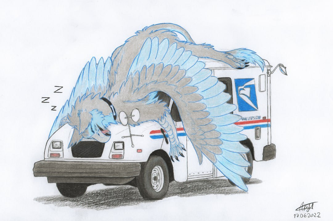 avian axelon blue_body blue_feathers blue_fur door eyebrows eyes_closed feathered_wings feathers feral fur grey_body grey_feathers grey_fur gryphon headlights lying mail_truck male mirror mythological_avian mythology on_front pawpads paws shadow sleeping solo sound_effects spread_legs spreading tire truck_(vehicle) united_states_postal_service vehicle window windshield wings zephyr_(bateleurs) zzz