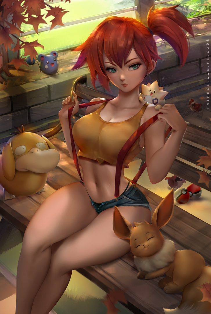 1girl 6+others :d aqua_eyes bench branch breasts collarbone crop_top denim denim_shorts eevee felox08 fence large_breasts lying marill midriff misty_(pokemon) multiple_others navel on_side orange_hair outdoors patreon_username pidgey poke_ball poke_ball_(basic) pokemon pokemon_(creature) psyduck short_hair short_shorts shorts side_ponytail sitting smile stomach sunlight suspenders suspenders_pull tank_top thick_thighs thighs togepi web_address yellow_tank_top
