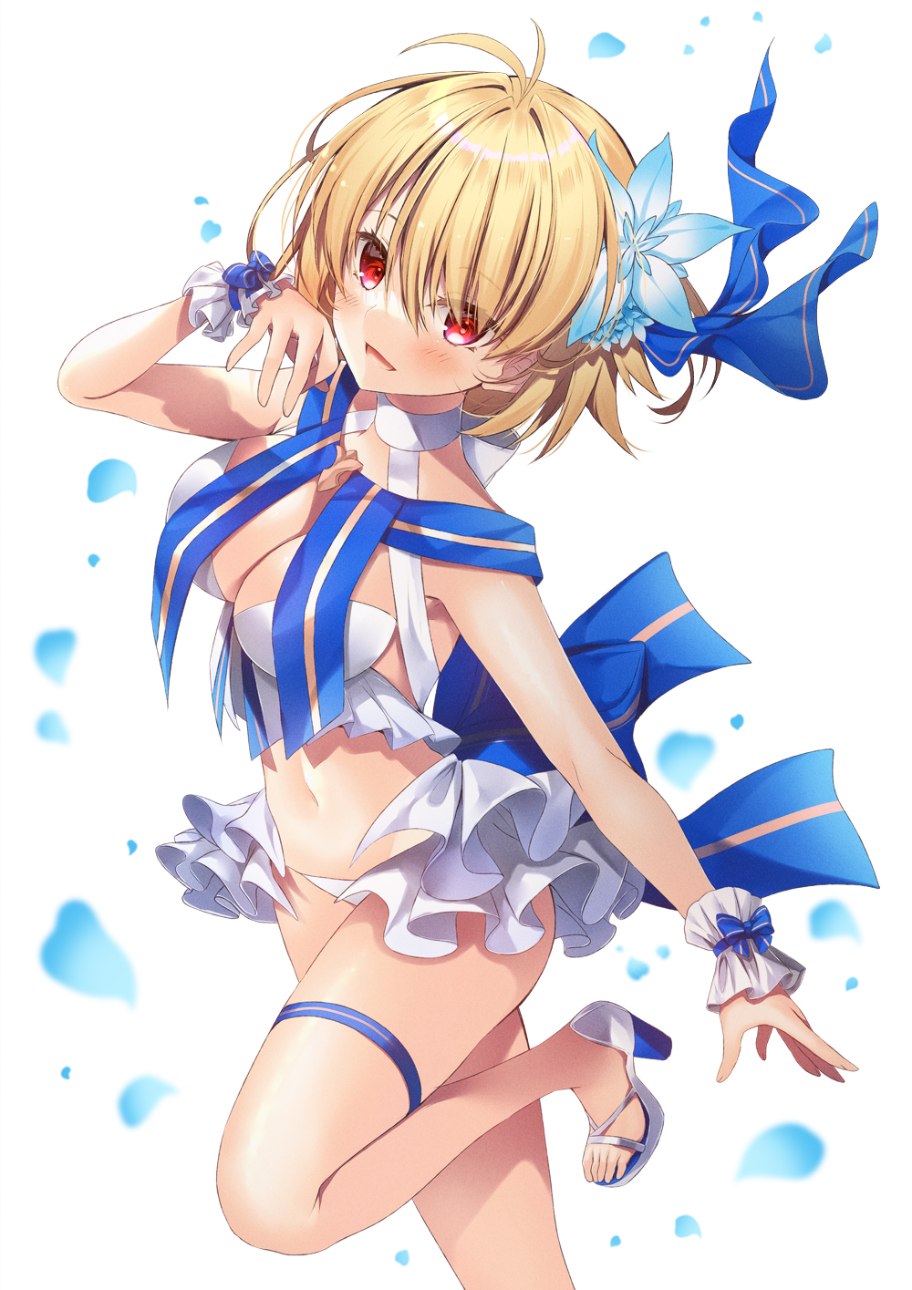 1girl arcueid_brunestud bangs bare_shoulders bikini blonde_hair blush breasts cleavage fate/grand_order fate_(series) flower hair_flower hair_ornament highres ko_yu large_breasts looking_at_viewer navel open_mouth red_eyes sandals short_hair solo swimsuit thighs tsukihime white_background white_bikini