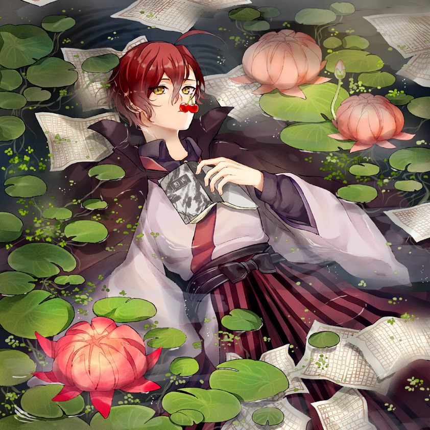 1boy afloat ahoge black_shirt book brown_cape bungou_to_alchemist cape cherry cloud collared_cape collared_shirt dazai_osamu_(bungou_to_alchemist) dress_shirt feet_out_of_frame flower food fruit genkou_youshi hair_between_eyes hakama holding holding_book houhou_(black_lack) japanese_clothes kimono lily_pad looking_at_viewer male_focus mouth_hold open_book paper pink_flower purple_kimono red_hair red_hakama reflection reflective_water ripples shirt short_hair solo striped vertical_stripes water water_lily_flower yellow_eyes