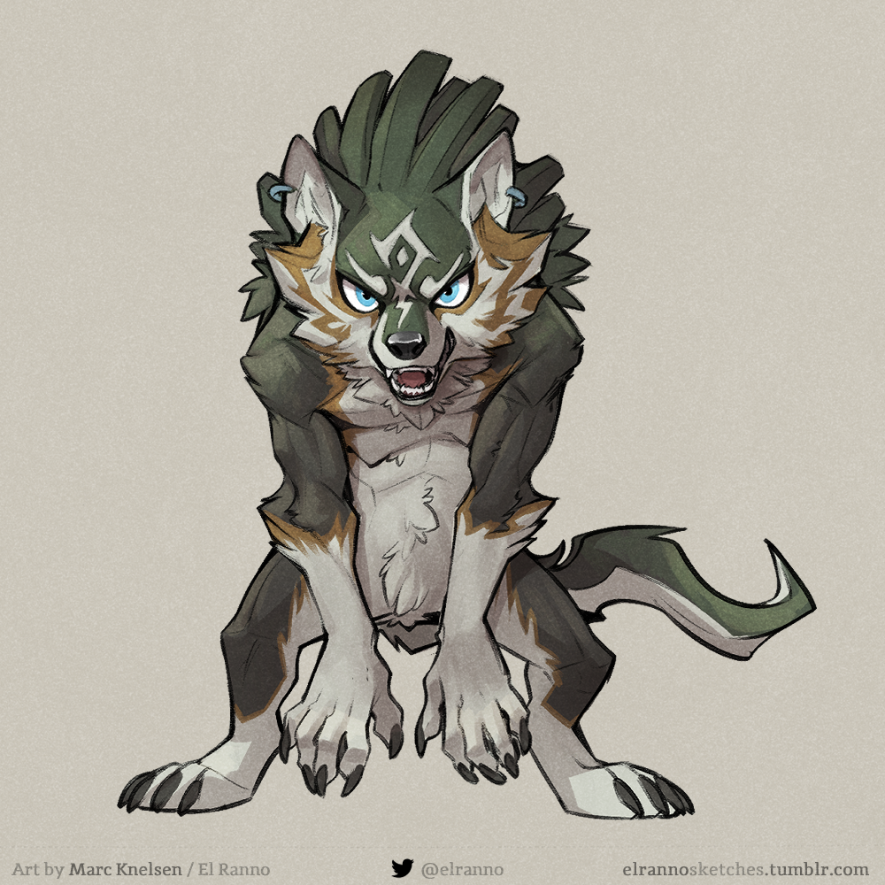 1:1 2022 5_fingers anthro blue_eyes brown_body brown_fur canid canine canis cheek_tuft claws digitigrade ear_piercing ear_ring elranno facial_tuft fangs featureless_crotch fingers front_view full-length_portrait fur fur_markings green_body green_fur link_(wolf_form) male mammal markings muscular neck_tuft nintendo nude open_mouth piercing portrait ring_piercing simple_background solo standing the_legend_of_zelda tuft video_games white_body white_fur wolf