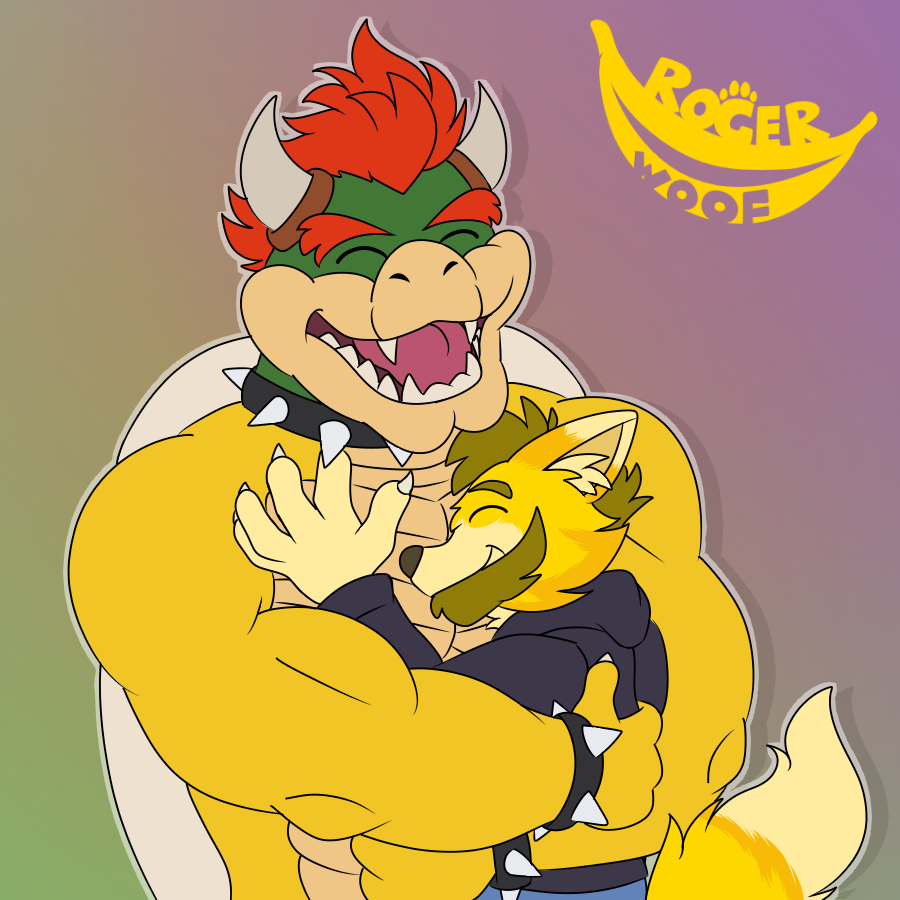 anthro beard bowser bowser_day canid canine canis domestic_dog duo embrace facial_hair horn hug hybrid male male/male mammal mario_bros muscular nintendo reptile rogerwoof rogerwoof_(character) scalie video_games yellow_body