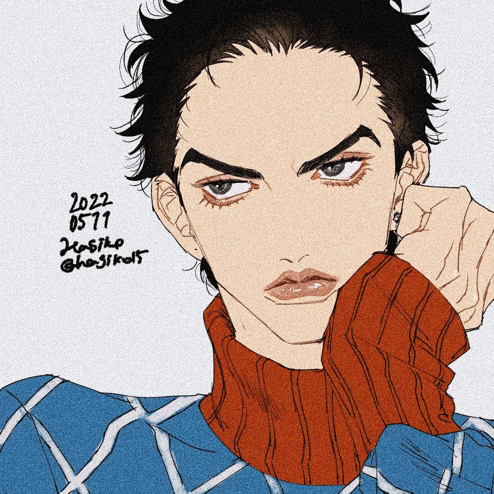 1boy black_hair dated earrings frown green_eyes guido_mista hagiko15 hand_on_own_cheek hand_on_own_face hand_up jewelry jojo_no_kimyou_na_bouken long_sleeves looking_away looking_to_the_side male_focus no_headwear short_hair signature single_earring sleeves_past_wrists solo sweater thick_eyebrows turtleneck turtleneck_sweater v-shaped_eyebrows vento_aureo