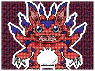 3_claws 3_fingers ambiguous_gender bandai_namco blue_eyes border claws colored digimon digimon_(species) elecmon fingers flipnote_studio_3d fur low_res luckypanda markings open_mouth orange_body orange_fur outline prick_ears purple_markings semi-anthro sharp_teeth simple_background solo stripes teeth white_border white_outline