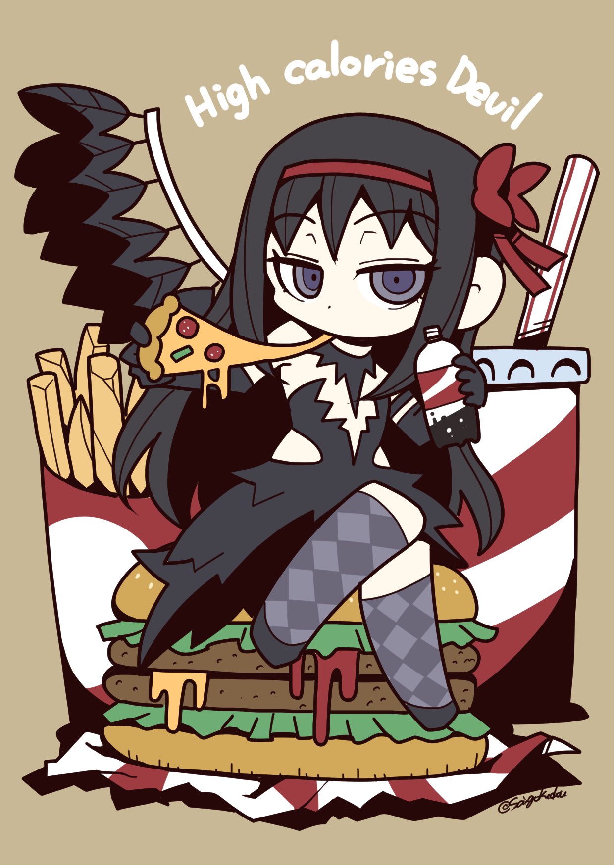 1girl akemi_homura akuma_homura alternate_costume argyle_thighhighs armlet artist_name bangs bare_shoulders black_dress black_footwear black_gloves black_hair bow bread_bun brown_background burger cheese_trail chibi cup disposable_cup dot_nose dress drink drinking_straw ears_visible_through_hair eating elbow_gloves english_text fast_food feathered_wings flat_chest food french_fries gloves hair_bow hair_ornament highres holding holding_drink holding_food holding_pizza jitome lettuce long_hair looking_at_viewer mahou_shoujo_madoka_magica mahou_shoujo_madoka_magica_movie minigirl no_mouth official_alternate_costume pepperoni pizza pizza_slice purple_eyes raised_eyebrows red_bow saigokudou seed sesame_seeds shadow sidelocks sitting_on_food sleeveless sleeveless_dress slippers soda soda_bottle solo thighhighs twitter_username very_long_hair wings wrapper