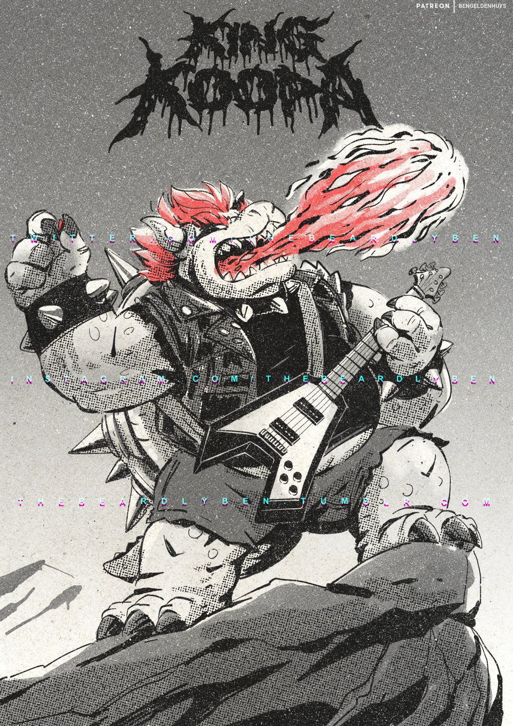 2022 album_cover anthro barefoot bent_leg bottomwear bowser bowser_day bracelet breath_powers claws cliff clothed clothing collar cover elemental_manipulation english_text eyebrows feet fire fire_breathing fire_manipulation greyscale guitar guitar_pick hair hi_res holding_guitar holding_object horn jack_black jewelry koopa male mario_bros monochrome muscular muscular_anthro muscular_male musical_instrument narrowed_eyes nintendo open_clothing open_mouth open_topwear open_vest outside playing_guitar playing_music plucked_string_instrument rock scalie sharp_claws sharp_teeth shell shirt shorts sky solo spiked_bracelet spiked_collar spiked_shell spiked_tail spikes spikes_(anatomy) standing string_instrument teeth text thebeardlyben tongue topwear url vest video_games