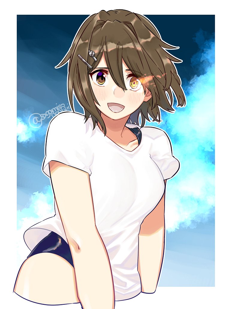 blue_sky blue_swimsuit brown_hair cloud cropped_arms cropped_legs furutaka_(kancolle) glowing glowing_eye heterochromia kantai_collection sagamiso shirt short_hair sky swimsuit swimsuit_under_clothes t-shirt white_shirt yellow_eyes