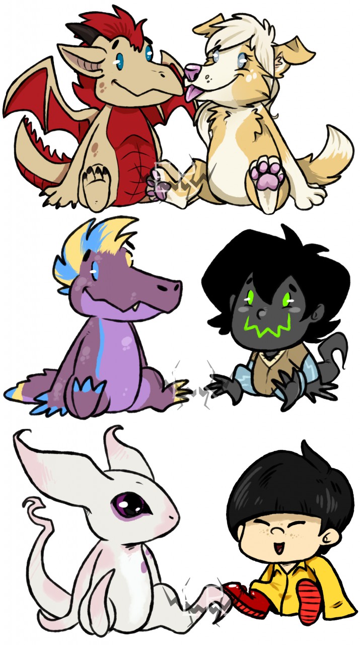 alien ambiguous_gender artist_logo black_hair black_horn blep blonde_hair blue_hair blue_tail canid canine canis chibi closed_smile clothed clothed/nude clothing crocodilian domestic_dog dragon duo empty_eyes eyelashes female front_view fur grey_body grey_tail hair hi_res holosus_(imperatorcaesar) horn human imperatorcaesar logo male mammal membrane_(anatomy) membranous_wings mouth_closed multiple_images nude open_mouth pink_body pink_ears pink_nose pink_tail purple_body purple_scales purple_tail red_body red_hair red_tail red_wings reptile scales scalie sitting tan_body tan_fur tan_tail tongue tongue_out volteer_(binturongboy) white_body white_ears white_fur white_hair white_tail wings yellow_tail