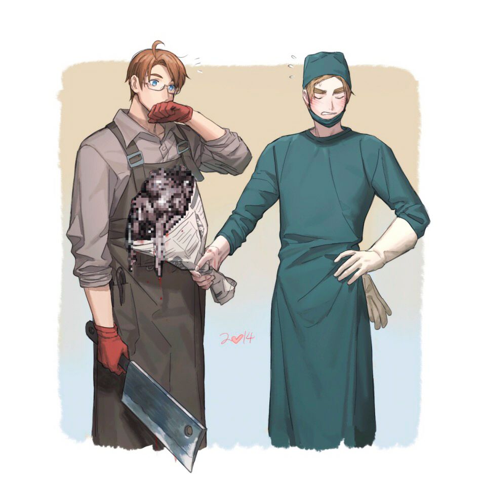 2boys ahoge alternate_costume alternate_universe america_(hetalia) apron axe axis_powers_hetalia blonde_hair blue_eyes blush bouquet censored clenched_teeth closed_eyes covering_mouth dated english_text flying_sweatdrops giving gloves gloves_removed hand_over_own_mouth holding holding_weapon littleb623 looking_at_another male_focus mask mask_pull medical_scrubs mouth_mask multiple_boys newspaper organs red_gloves rubber_gloves sleeves_rolled_up surgeon surgical_mask teeth thick_eyebrows weapon