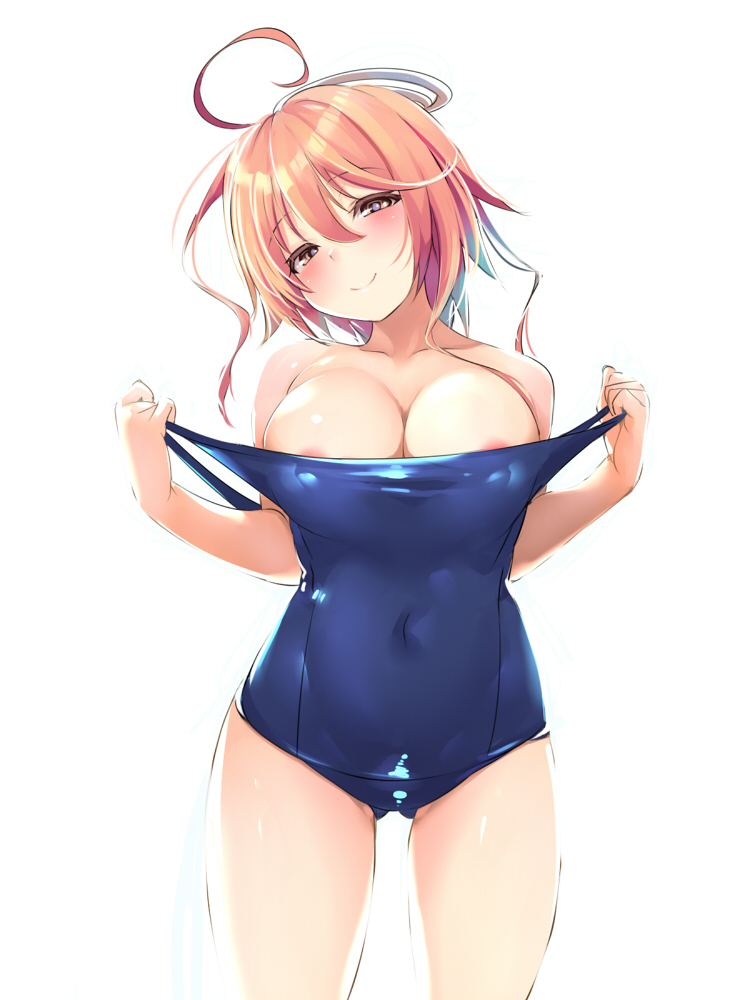 1girl ahoge blue_swimsuit blush breasts clothes_pull covered_navel cowboy_shot cropped_legs hair_ornament i-58_(kancolle) kantai_collection large_breasts looking_at_viewer one-piece_swimsuit pink_eyes pink_hair pulled_by_self school_swimsuit short_hair smile solo swimsuit swimsuit_pull takase_muh white_background