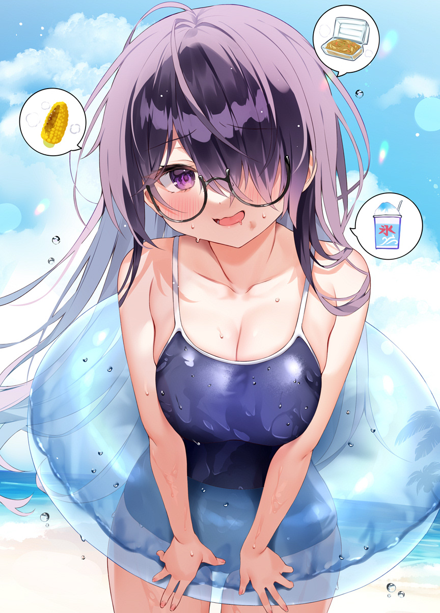 bare_shoulders beach blue_sky blue_swimsuit blush breasts chihiro_(khorosho) cleavage cloud collarbone day drooling fingernails glasses hair_over_one_eye highres innertube large_breasts long_hair looking_at_viewer ocean one-piece_swimsuit open_mouth original outdoors purple_eyes purple_hair sky smile swimsuit wet