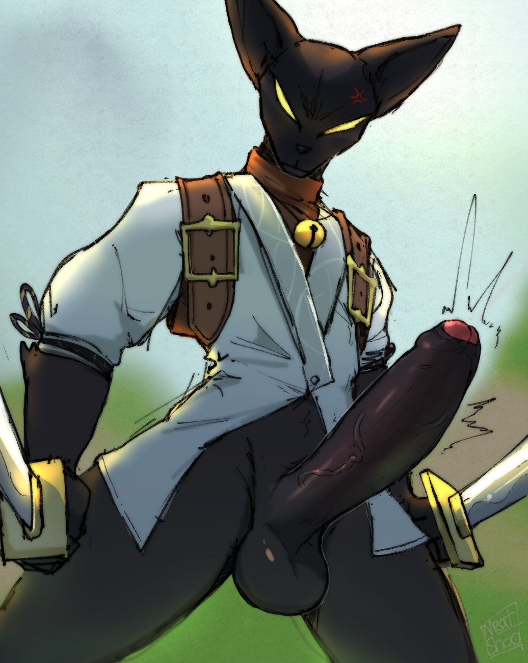 angry anthro azuki_(fortnite) balls bell belt big_penis black_balls black_penis clothed clothing epic_games felid feline foreskin fortnite genitals glare hi_res katana looking_at_viewer looking_down_at_viewer male mammal meatshaq melee_weapon partially_clothed partially_retracted_foreskin penis solo sword vein veiny_penis video_games weapon